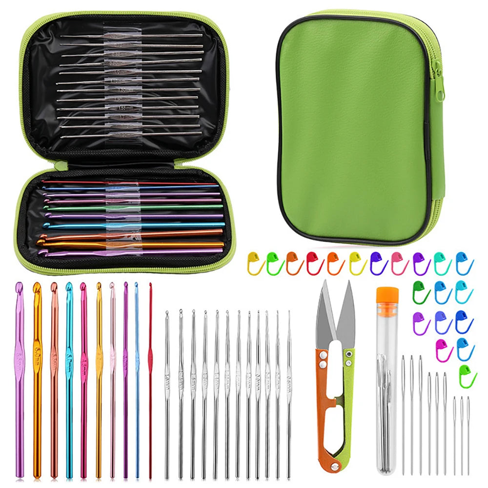 52pcs/set Aluminum Crochet Needles Set Metal Crochet Hook Set with Storage Bag Large Eye Needle Stitch Markers for Crochet Lover