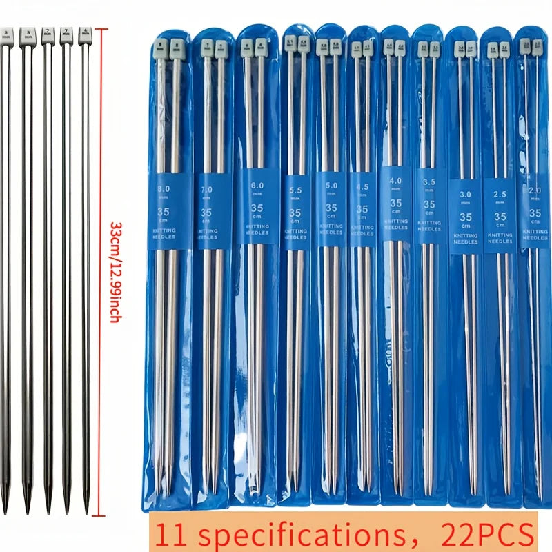 22Pcs Stainless Steel Knitting Needle Set, Length 13.78 Inches, Includes 2Mm-8Mm, Sweater Needles, Scarf Needles, 11 Different Sizes to Meet Different Knitting Needs, Can Be Used to Knit Hats, Scarves, Socks, Shawls, Sweaters, Perfect Mother's Day Gift
