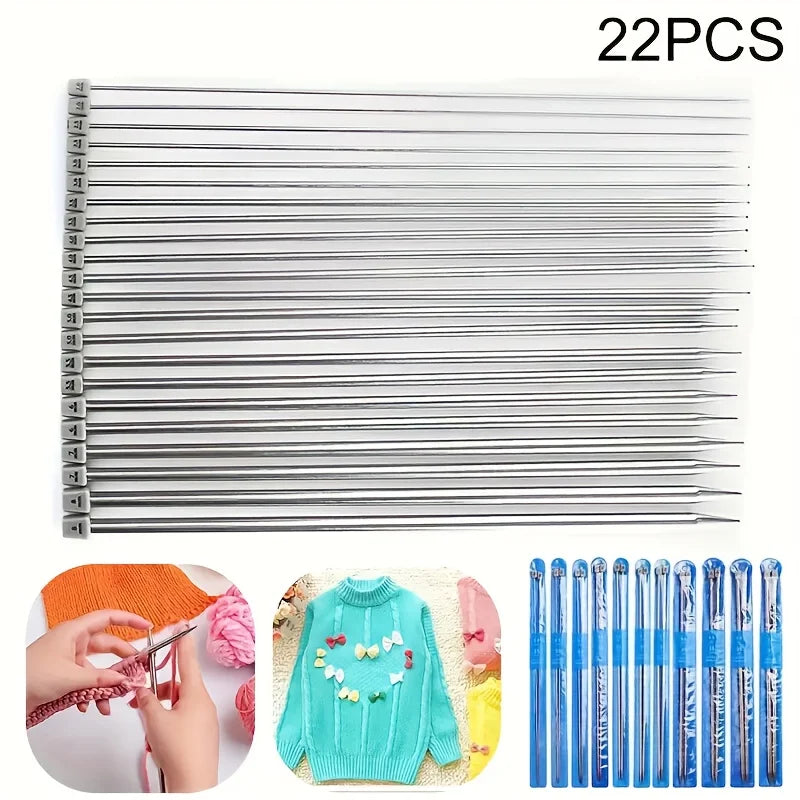 22Pcs Stainless Steel Knitting Needle Set, Length 13.78 Inches, Includes 2Mm-8Mm, Sweater Needles, Scarf Needles, 11 Different Sizes to Meet Different Knitting Needs, Can Be Used to Knit Hats, Scarves, Socks, Shawls, Sweaters, Perfect Mother's Day Gift