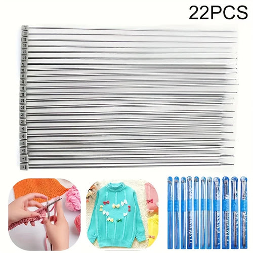 22Pcs Stainless Steel Knitting Needle Set, Length 13.78 Inches, Includes 2Mm-8Mm, Sweater Needles, Scarf Needles, 11 Different Sizes to Meet Different Knitting Needs, Can Be Used to Knit Hats, Scarves, Socks, Shawls, Sweaters, Perfect Mother's Day Gift
