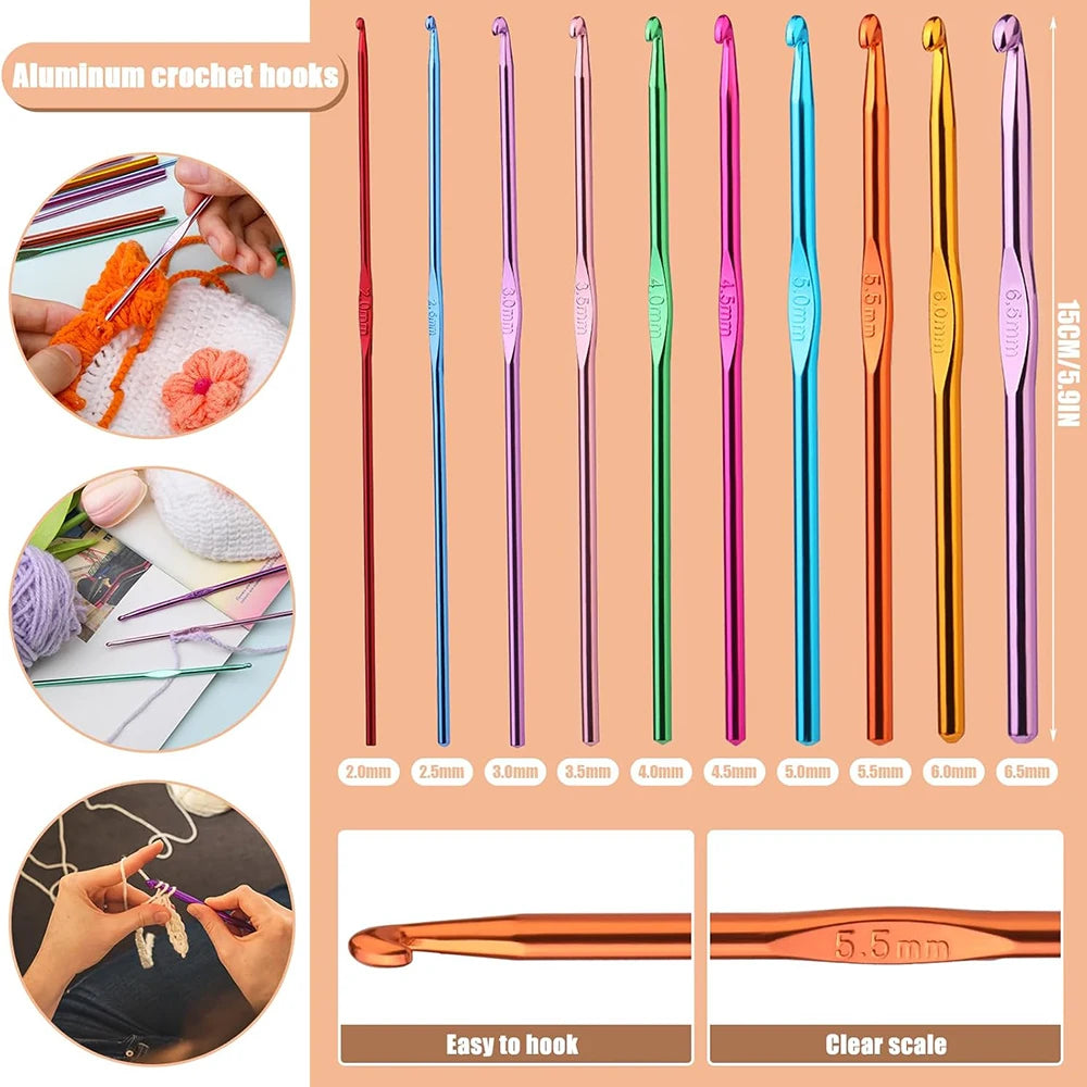 52pcs/set Aluminum Crochet Needles Set Metal Crochet Hook Set with Storage Bag Large Eye Needle Stitch Markers for Crochet Lover